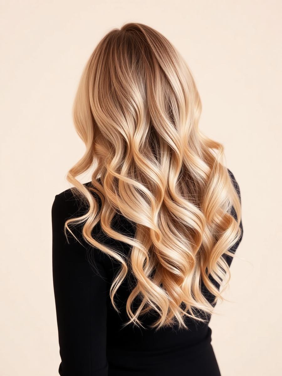 Balayage blond lumineux sur cheveux longs ondulés