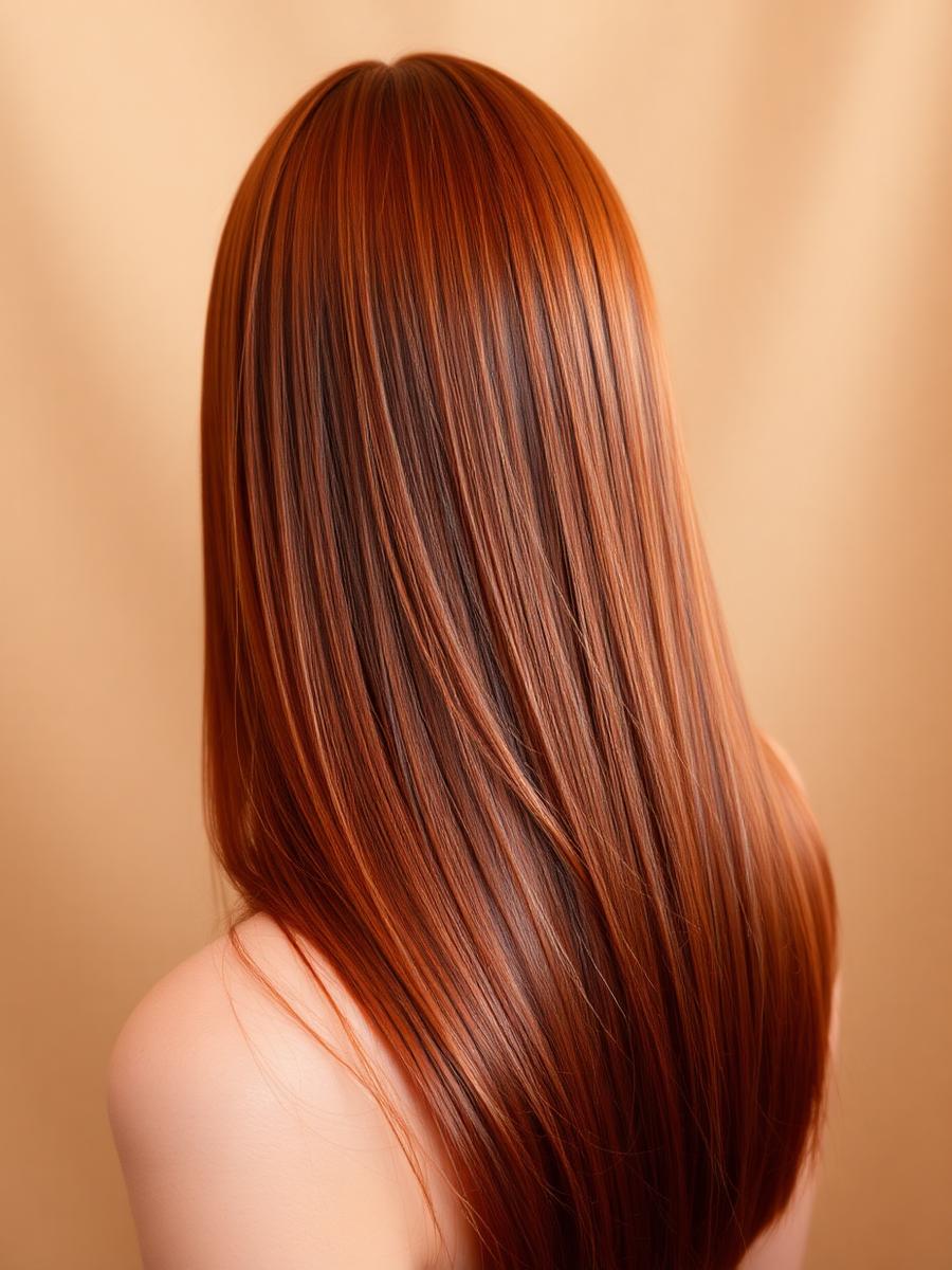 Couleur cuivrée sur cheveux longs lisses