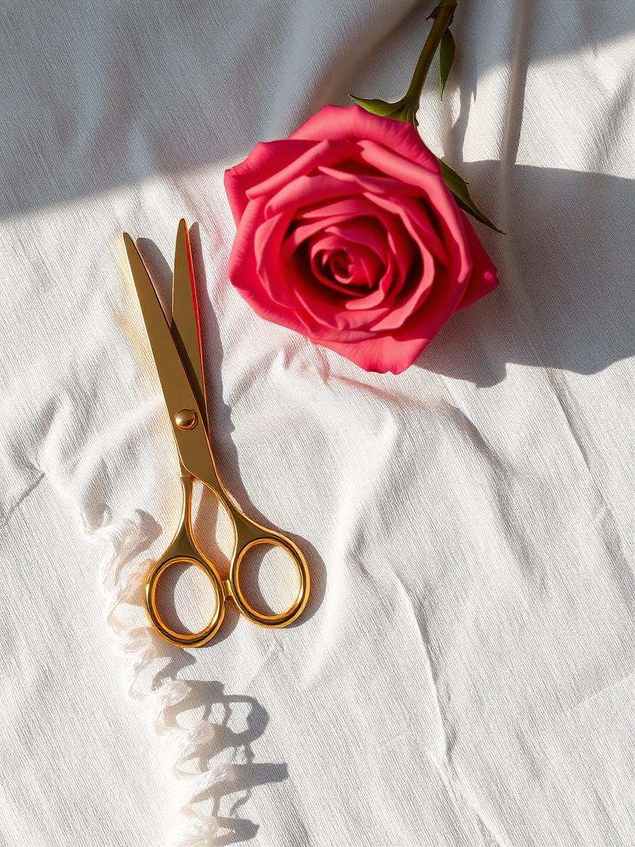 Ciseaux dorés et rose posés sur du lin crème